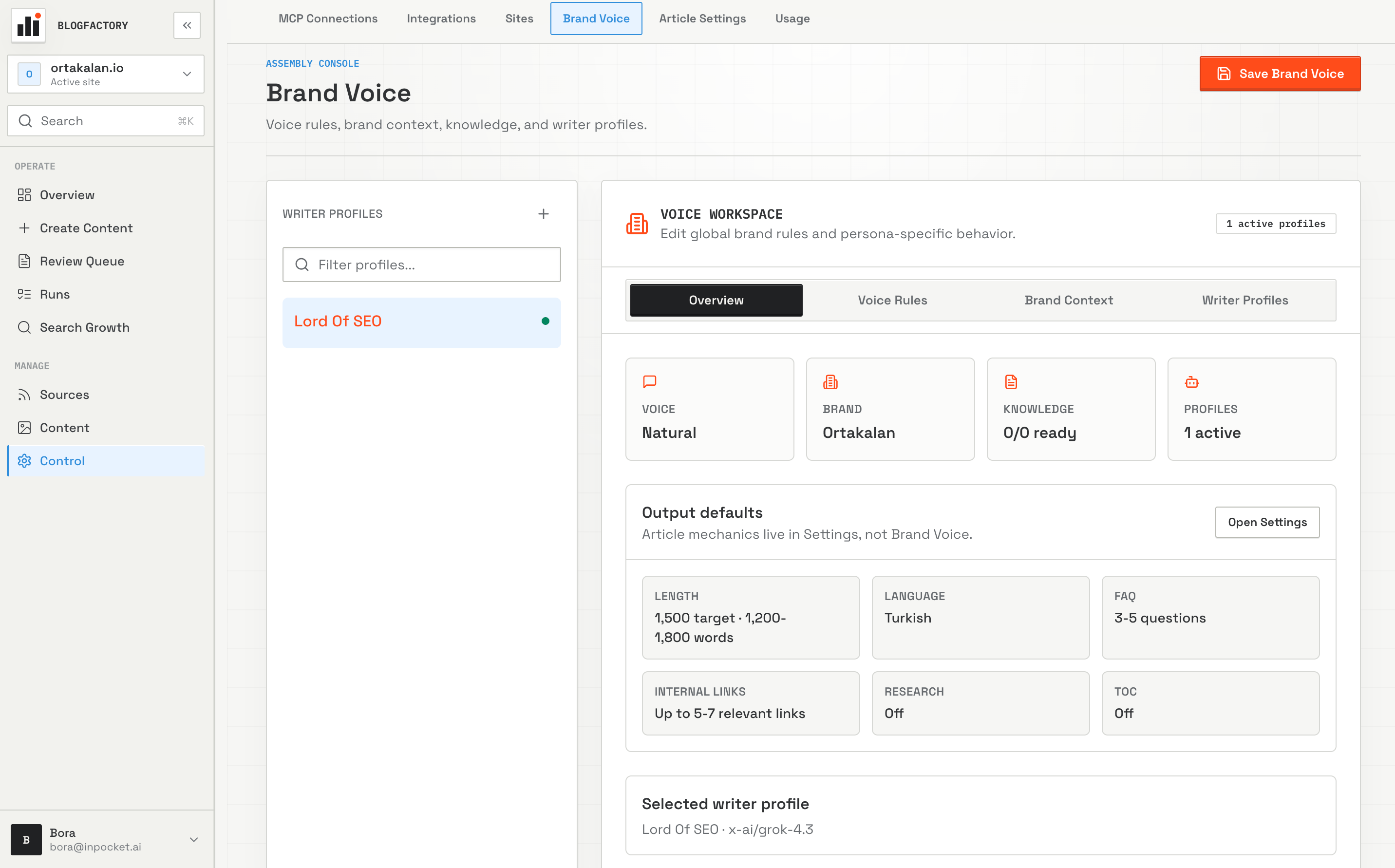 BlogFactory Brand Voice overview with writer profile and output defaults