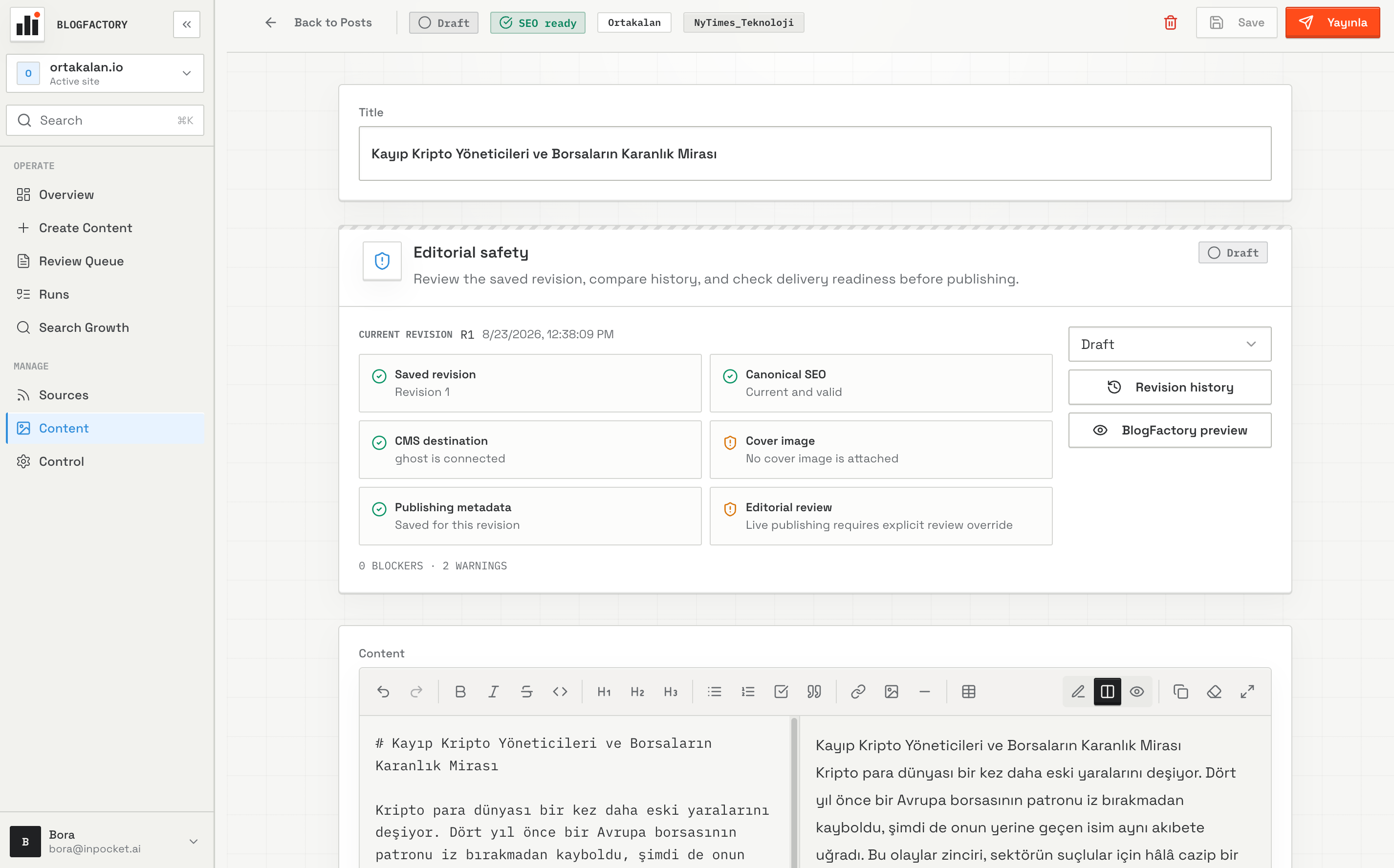 BlogFactory editor showing the current revision, delivery preflight, and editorial warnings