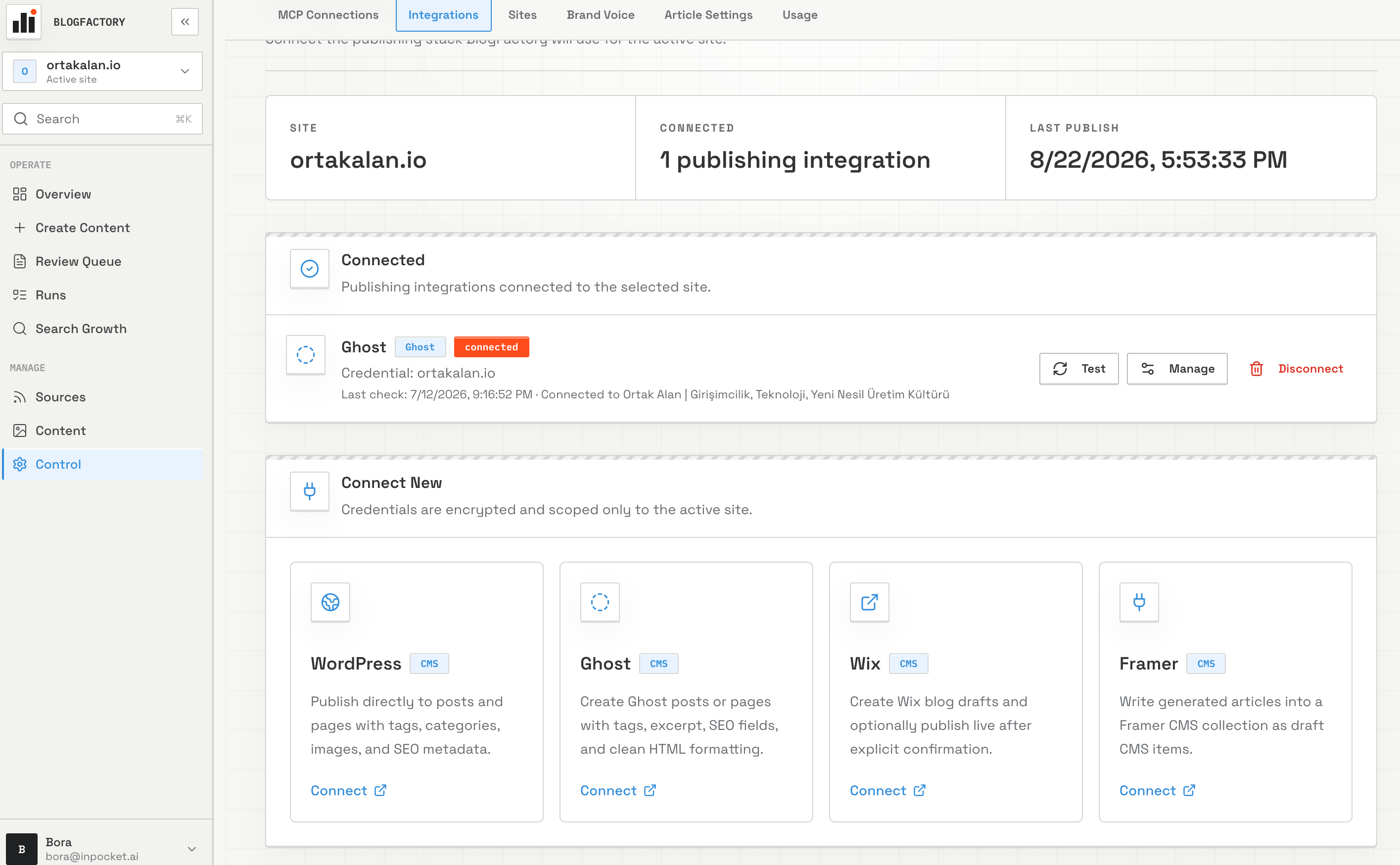 BlogFactory integrations workspace with a connected CMS and available destinations
