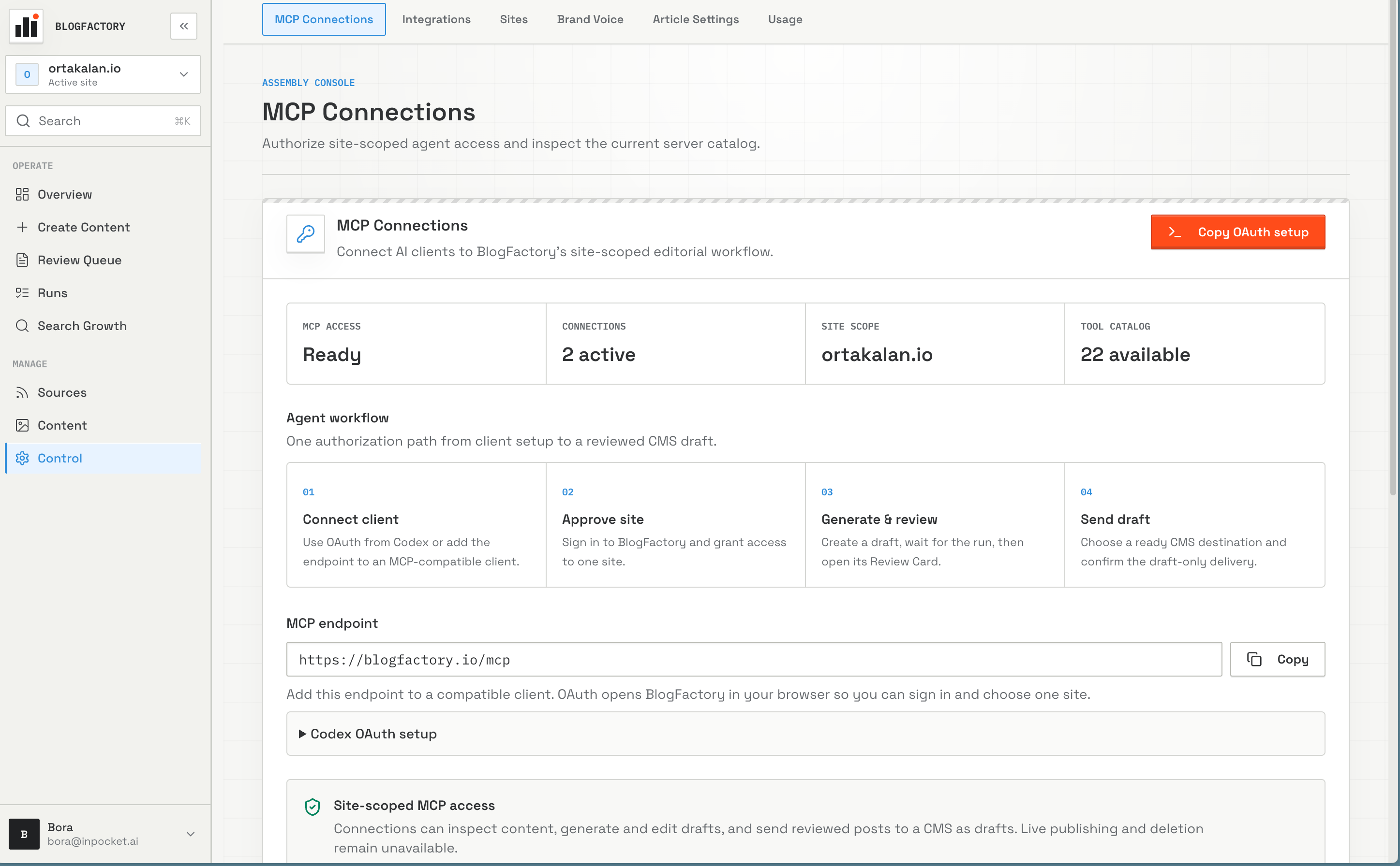 BlogFactory MCP Connections showing site-scoped authorization and agent workflow