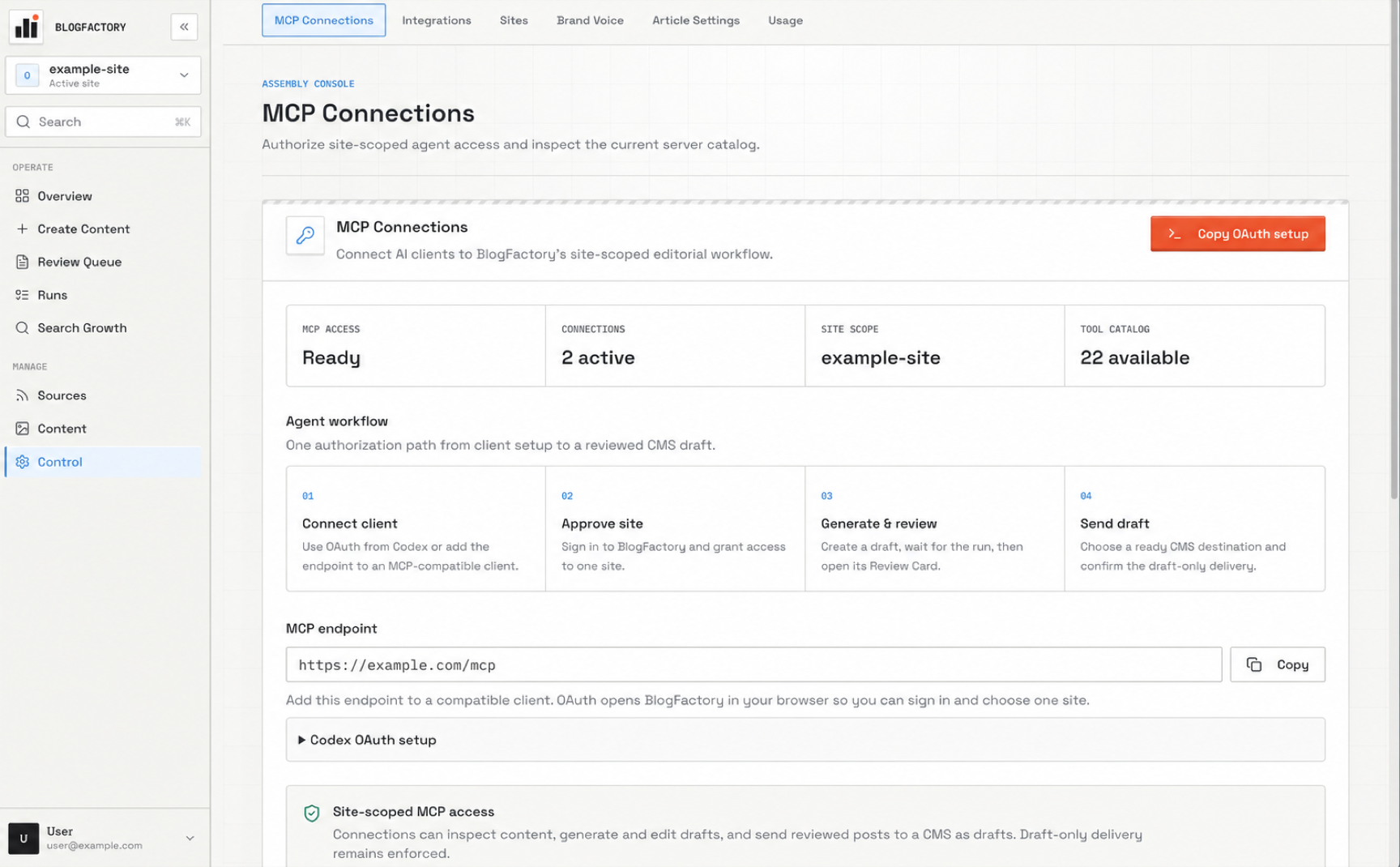 MCP Connections showing access state, active connections, the authorized site scope, the tool catalog, and the four-step agent workflow ending in a draft