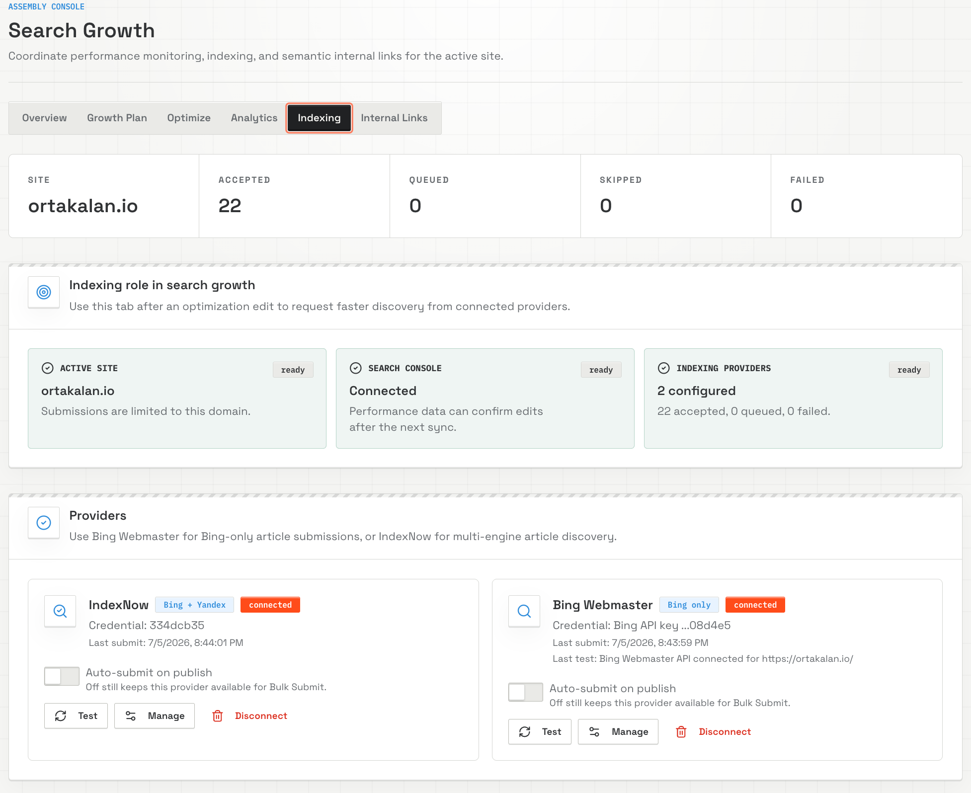 BlogFactory indexing workspace with connected discovery providers and scoped submission status