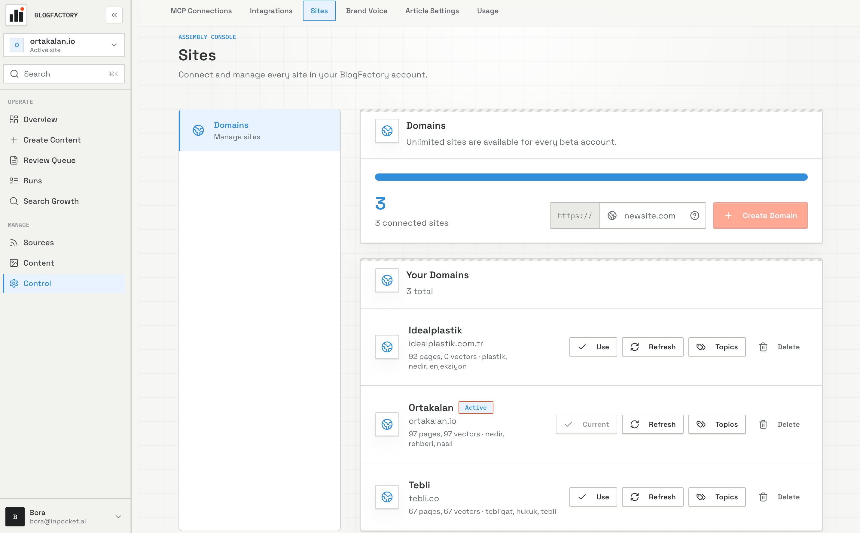 BlogFactory multi-site workspace listing connected domains and their site context